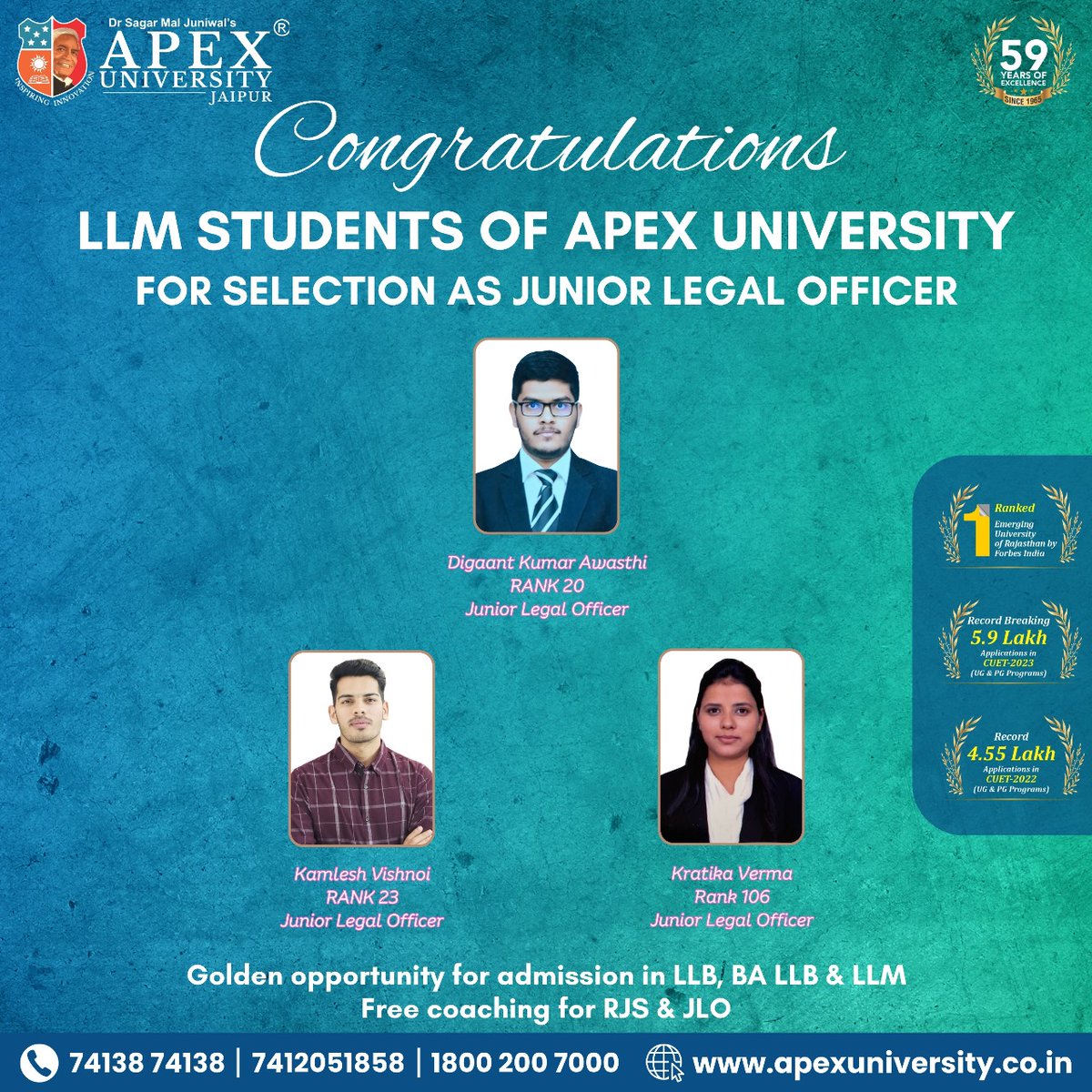 Congratulations to the #LLMstudents of #ApexUniversity on their incredible achievement of getting selected as Junior Legal Officers!
Your dedication &amp; expertise have truly shone through. Wishing you all the best in your new roles!
#JuniorLegalOfficers #SuccessStory #LegalCareer