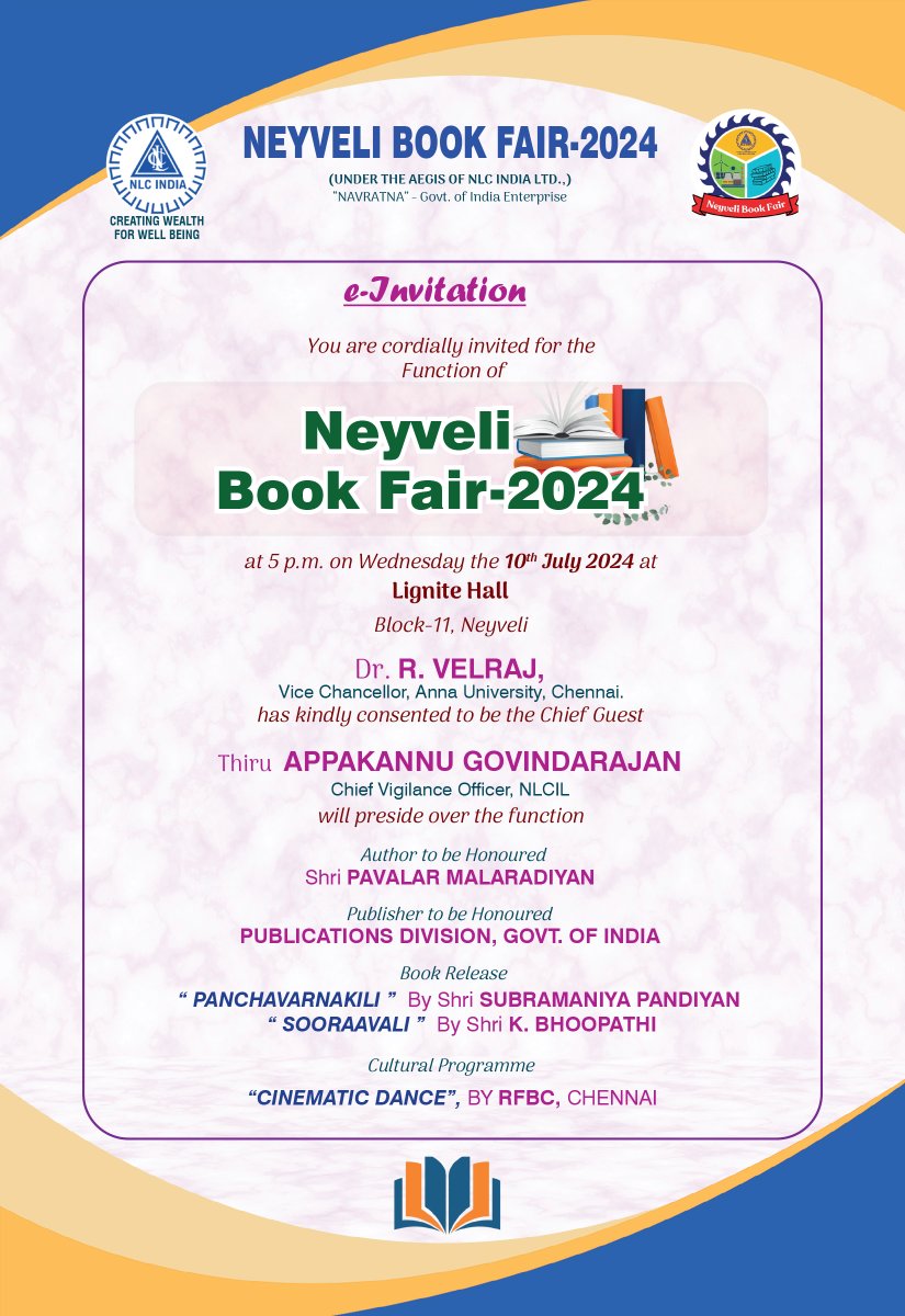 nlcindialimited's tweet photo. Quench your Thirst for Knowledge with the "Second Largest Book Fair of Tamil Nadu" at Neyveli from 05.07.2024 to 14.07.2024.
#NLCIL #NLCILForTheSociety #NeyveliBookFair2024 #SecondLargestBookFairOfTN
@kishanreddybjp | @satishdubeyy | @CoalMinistry https://t.co/u14phvkTGC