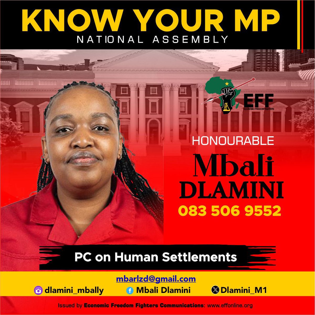 EFFSouthAfrica's tweet photo. ♦️Know Your EFF MPs♦️

Our responsibility is to undermine the backward policy advancement of the ANC-DA grand coalition.

Follow Your EFF MPs here:

@NatashaNtlangw1 
@Shikwambanaman1 
@Dlamini_M1 

#EFFInParliament https://t.co/MSAU93YTTz