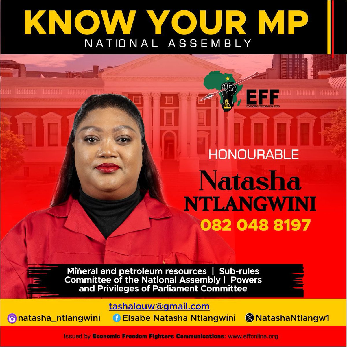EFFSouthAfrica's tweet photo. ♦️Know Your EFF MPs♦️

Our responsibility is to undermine the backward policy advancement of the ANC-DA grand coalition.

Follow Your EFF MPs here:

@NatashaNtlangw1 
@Shikwambanaman1 
@Dlamini_M1 

#EFFInParliament https://t.co/MSAU93YTTz