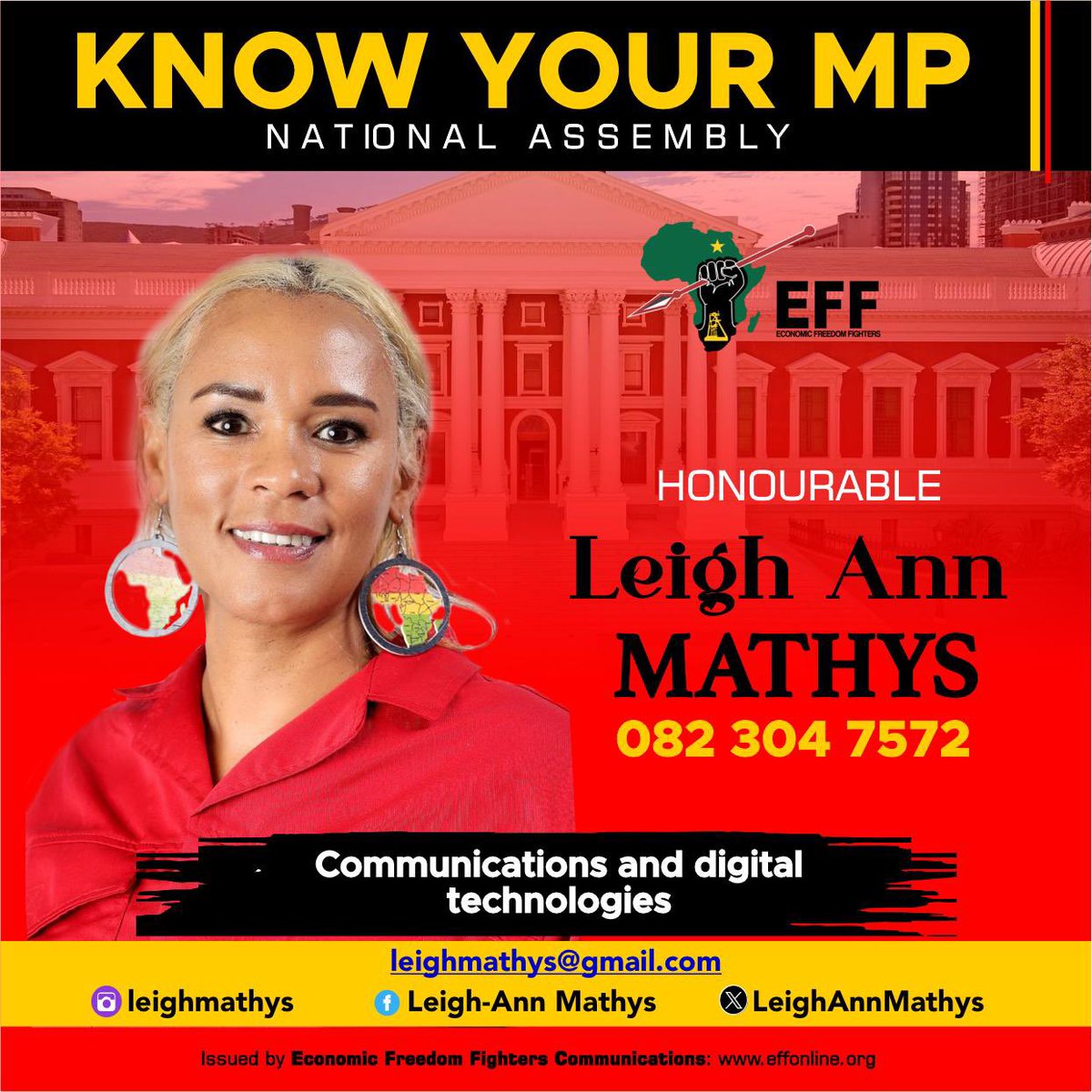 EFFSouthAfrica's tweet photo. ♦️Know Your EFF MPs♦️

We will remain a firm opposition which will now exist in the context of a National Government that is characterised by neo-colonial forces, racists, and organisations whose existence is to prioritise the interests of domestic and global markets, over the people.

Follow Your EFF MPs here:

 @vuyanipambo 
@LeighAnnMathys
@DrSuzaneff 

#EFFInParliament