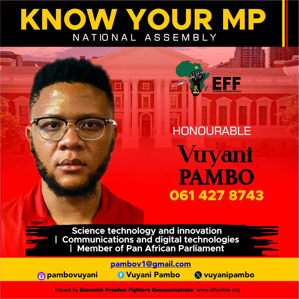 EFFSouthAfrica's tweet photo. ♦️Know Your EFF MPs♦️

We will remain a firm opposition which will now exist in the context of a National Government that is characterised by neo-colonial forces, racists, and organisations whose existence is to prioritise the interests of domestic and global markets, over the people.

Follow Your EFF MPs here:

 @vuyanipambo 
@LeighAnnMathys
@DrSuzaneff 

#EFFInParliament