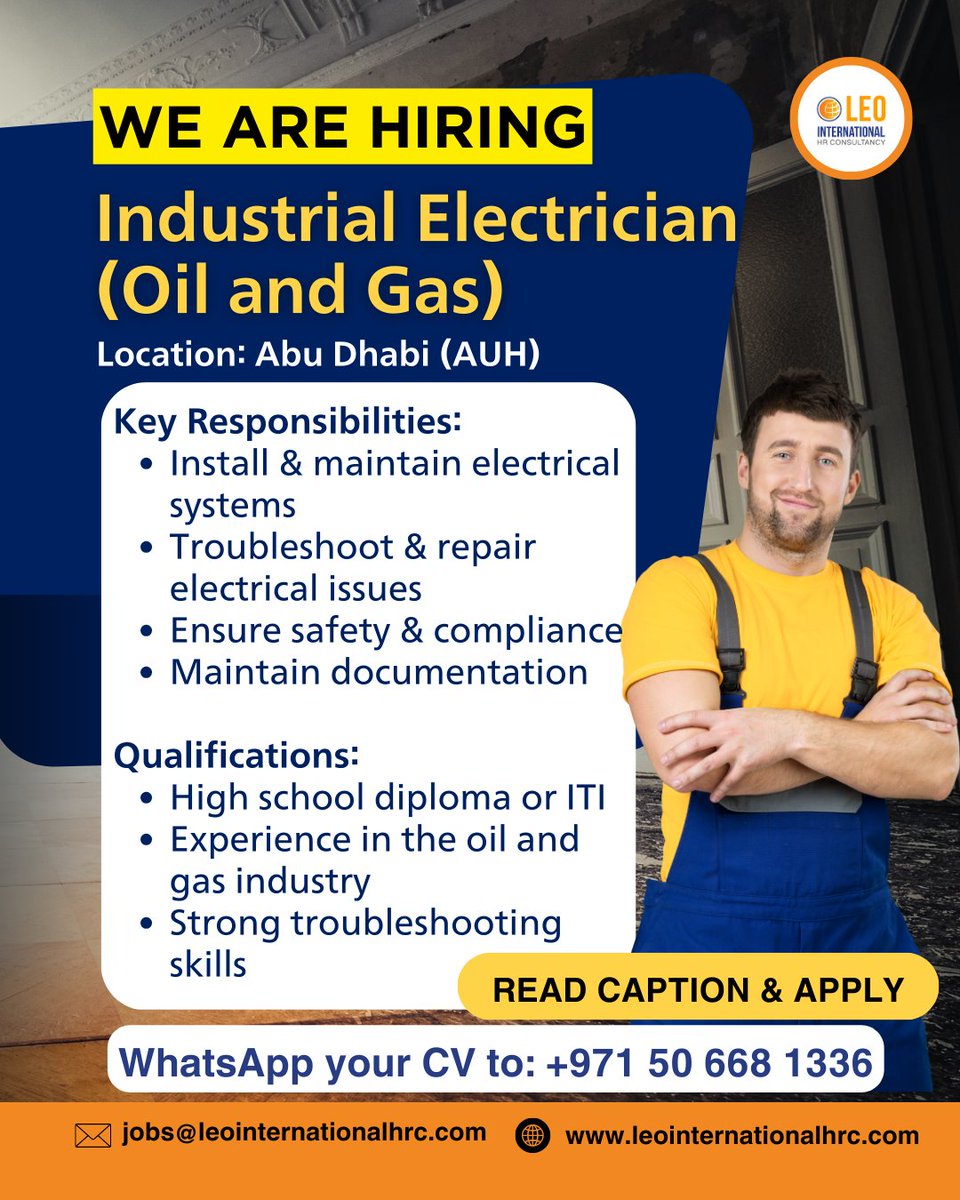 Leo_h_r_c's tweet photo. #HIRINGNOW  
Industrial Electrician (Oil and Gas)      

WhatsApp your CV to: +971 50 668 1336 

More information here - https://t.co/UgW5SkAbr5

#dubai #jobopportunities #jobsinuae #careers #electrical #electricalforeman #jobseekers #uaejobs #hiring #uaejobseekers #hiring https://t.co/TcWmfBgMNe