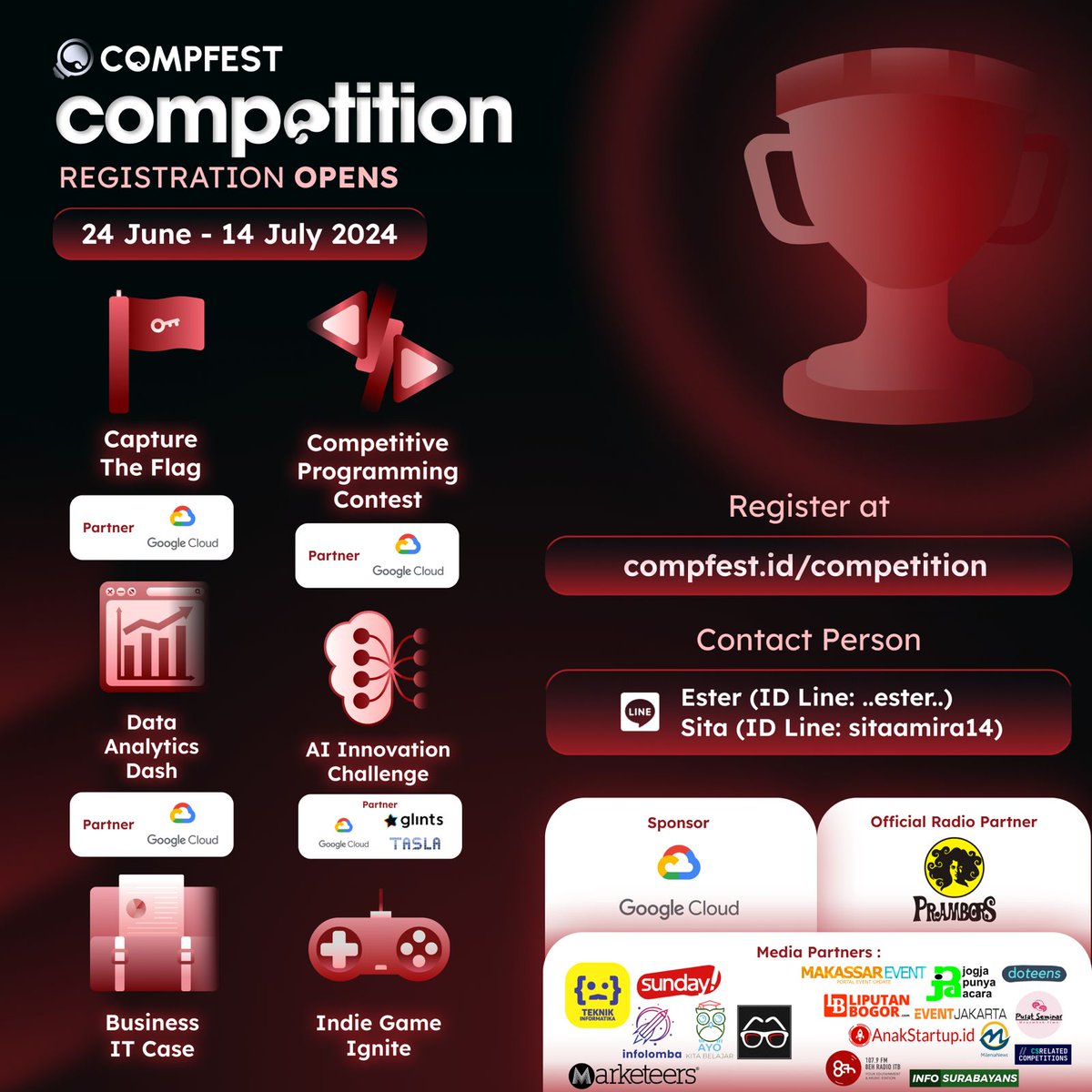 belajarIDN's tweet photo. Registrasi Competition COMPFEST telah dibuka!!
Competition kembali hadir mengisi rangkaian acara
COMPFEST yang membawa sejumlah tantangan menarik. 
#ExpandTheHorizon
#COMPFEST16 https://t.co/LDS5MJJmru
