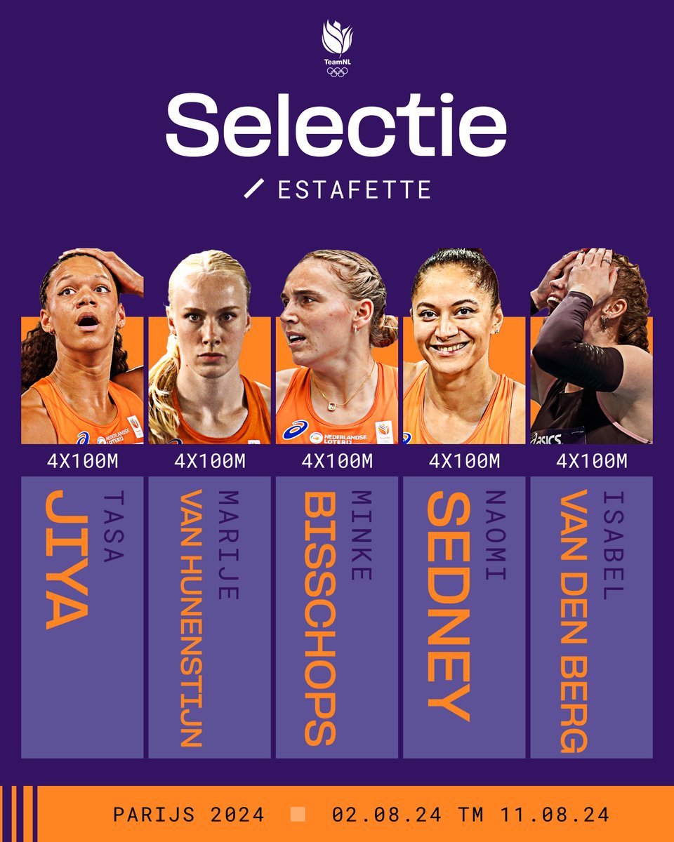 Atletiekunie's tweet photo. 𝐎𝐋𝐘𝐌𝐏𝐈𝐒𝐂𝐇𝐄 ESTAFETTETEAMS 🇳🇱🪄

📍 4x100m vrouwen, 4x400 meter vrouwen en mixed

#Paris2024 https://t.co/X7fIdxCarF