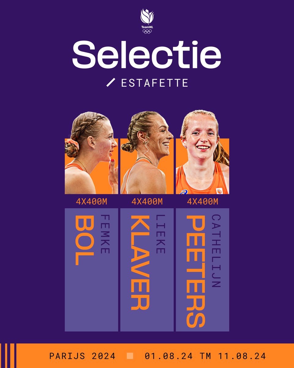𝐎𝐋𝐘𝐌𝐏𝐈𝐒𝐂𝐇𝐄 ESTAFETTETEAMS 🇳🇱🪄

📍 4x100m vrouwen, 4x400 meter vrouwen en mixed

#Paris2024