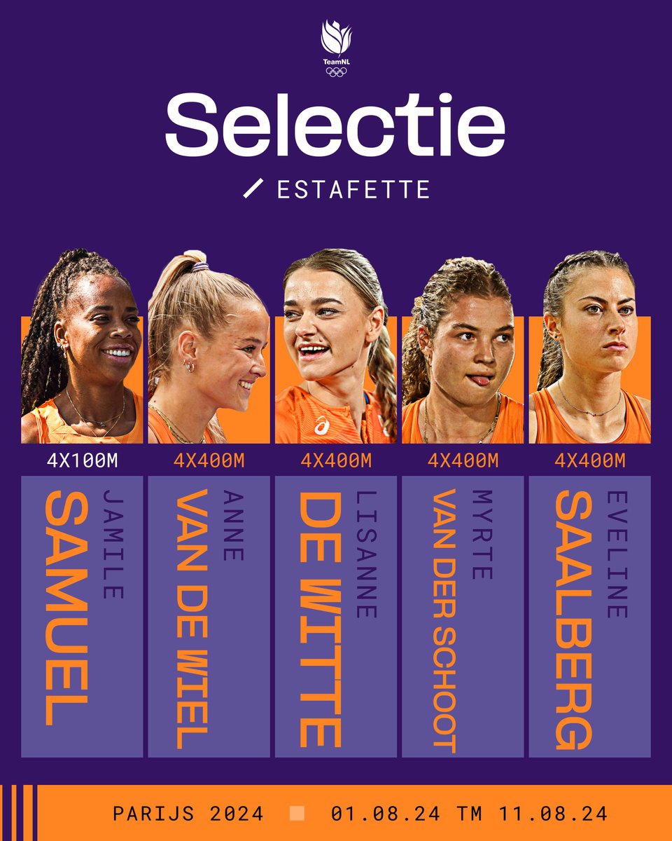 Atletiekunie's tweet photo. 𝐎𝐋𝐘𝐌𝐏𝐈𝐒𝐂𝐇𝐄 ESTAFETTETEAMS 🇳🇱🪄

📍 4x100m vrouwen, 4x400 meter vrouwen en mixed

#Paris2024 https://t.co/X7fIdxCarF