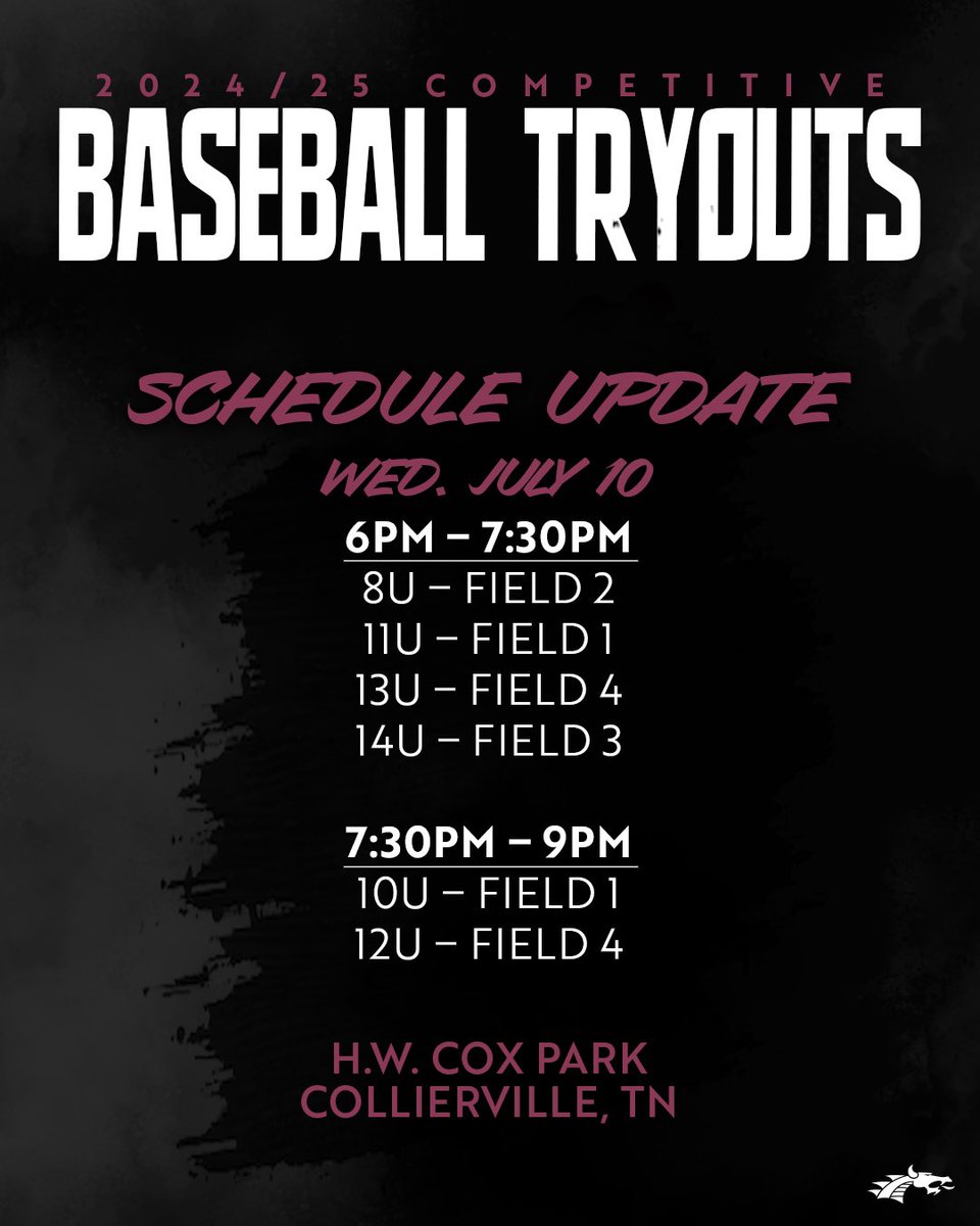 CDBaseballClub's tweet image. Tryout schedule change. All age groups scheduled for Wednesday.