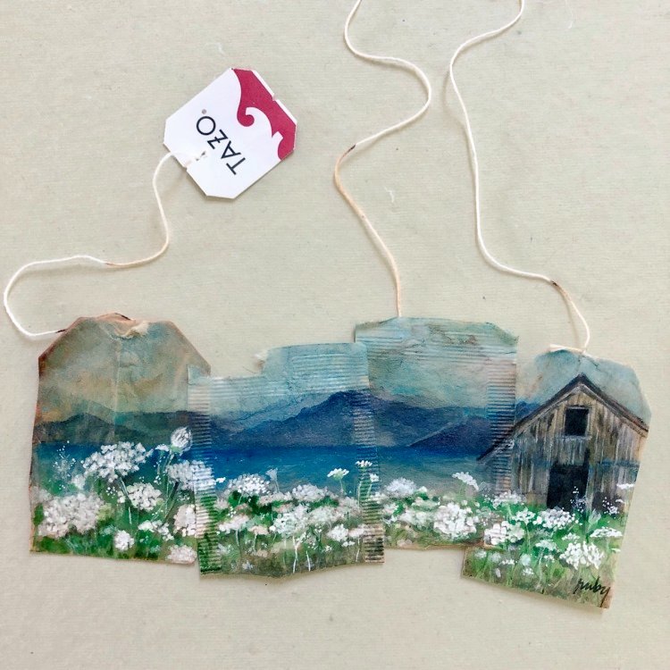 Artwork by Ruby Silvious, known for her work on used teabags  #WomensArt