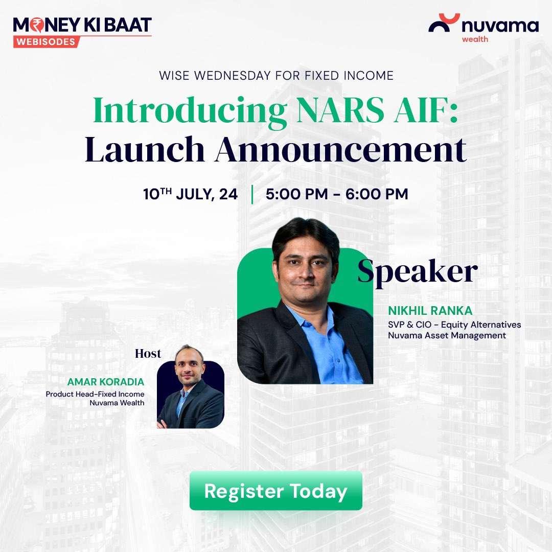 Nuvama_Wealth's tweet image. Discover a new week of enlightening #webisodes! Join us for Launch Announcement of NARS AIF and explore Part 2 of Product V/S Portfolio Approach to Investing. Don't miss out on these valuable sessions.
Register now, by clicking the link below:
tinyurl.com/2sh7x3sj
#webisodes