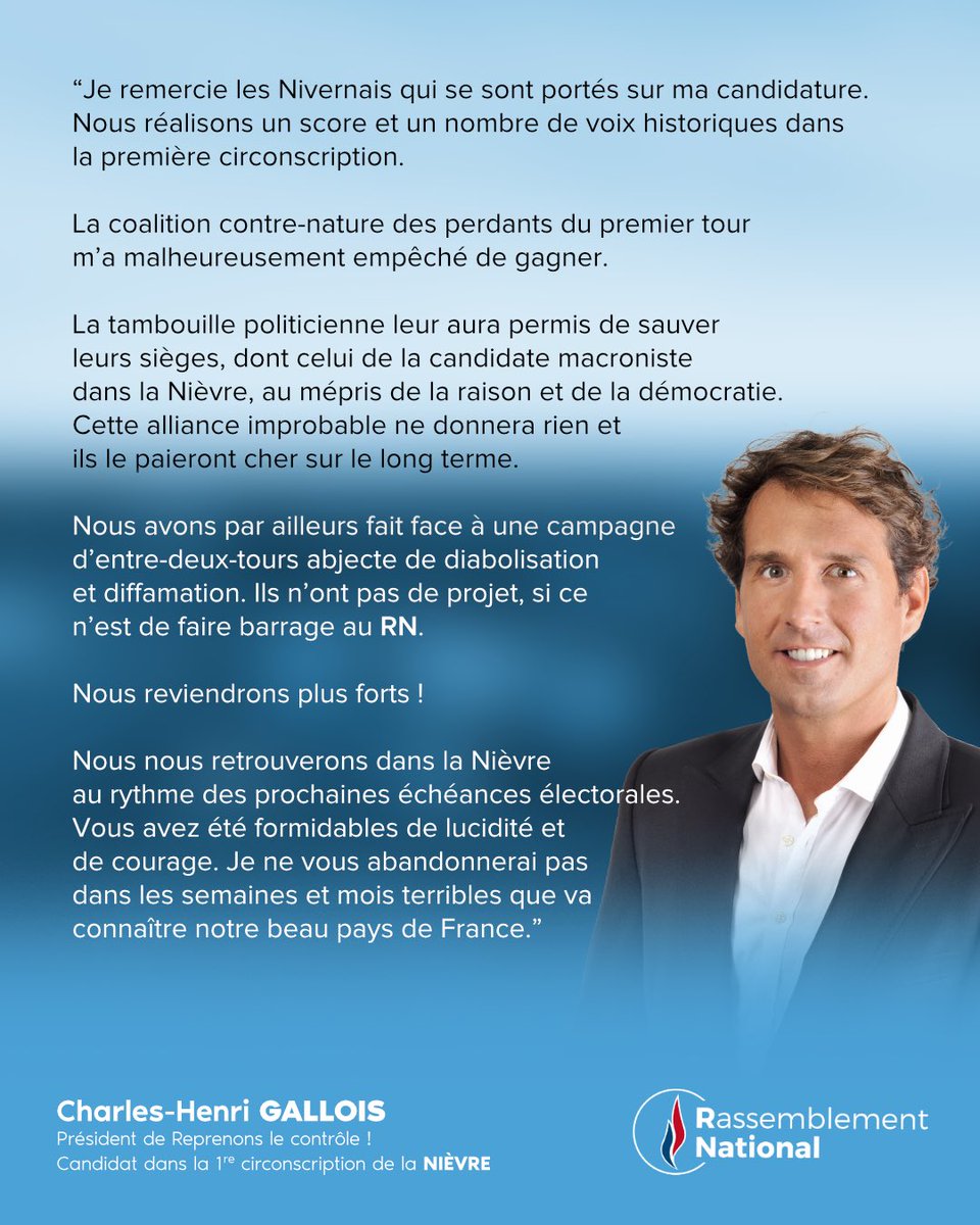 CH_Gallois's tweet photo. Mon communiqué sur les élections législatives.

Nous reviendrons plus forts ! 
💪🏻🇫🇷

#Circo5801 https://t.co/w6z1lbSnoa