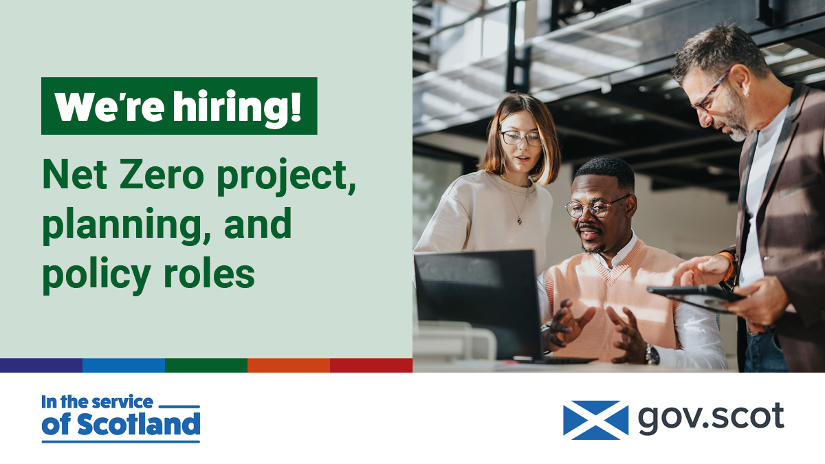 scotgovjobs's tweet photo. We're recruiting for a variety of roles in the Net Zero sector at the Scottish Government.
We're searching for candidates with skills in planning, finance, analysis, and more.
Learn more: https://t.co/oJUlvU0zmn
#NetZeroJobs #Sustainability #GreenJobs https://t.co/5RkyE355qR