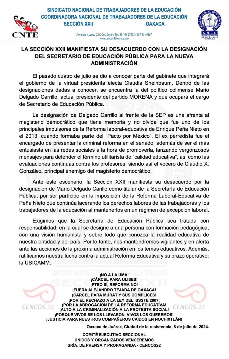 lhan55's tweet photo. La sección 22 de la CNTE/SNTE expresa su desacuerdo con el nombramiento de ⁦@mario_delgado⁩ como próximo secretario de la ⁦@SEP_mx⁩ https://t.co/BZ16XkJ4Hx