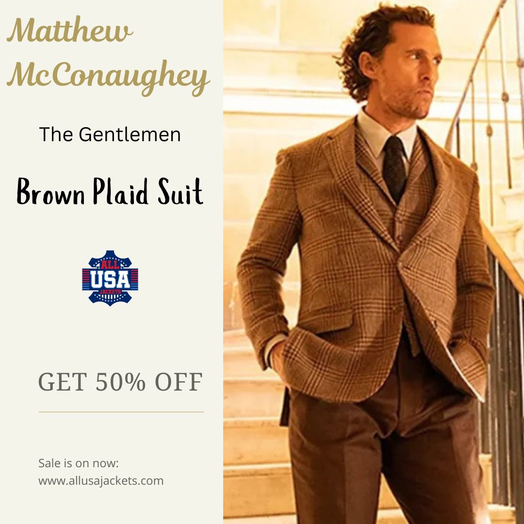 allusajackets's tweet photo. Elevate your sophistication with the Matthew McConaughey The Gentlemen Brown Plaid Suit! #MatthewMcConaughey #TheGentlemen #BrownPlaidSuit #TimelessElegance #ClassyStyle #FormalWear #SuitUp #FashionIcon #GentlemansChoice #StyleGoals #MensFashion #PlaidSuit #SophisticatedLook https://t.co/JTEqusZ1hj