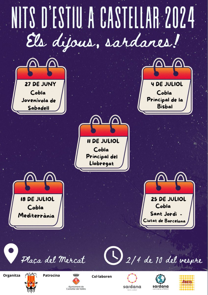 laLlobregat's tweet photo. 🎼Agenda la Llobregat:

🗓 DIMECRES 10 de juliol
📍 Tiana 
⏰ 21:30h Ballada

🗓 DIJOUS 11 de juliol
📍 Castellar del Vallès 
⏰ 21:30h Ballada

🗓 DIVENDRES 12 de juliol
📍 Manlleu 
⏰ 21h Aplec

🗓 DIUMENGE 14 de juliol
📍 Calella 
⏰ 19:30h Ballada

Ens hi acompanyeu? https://t.co/9SyzART00R