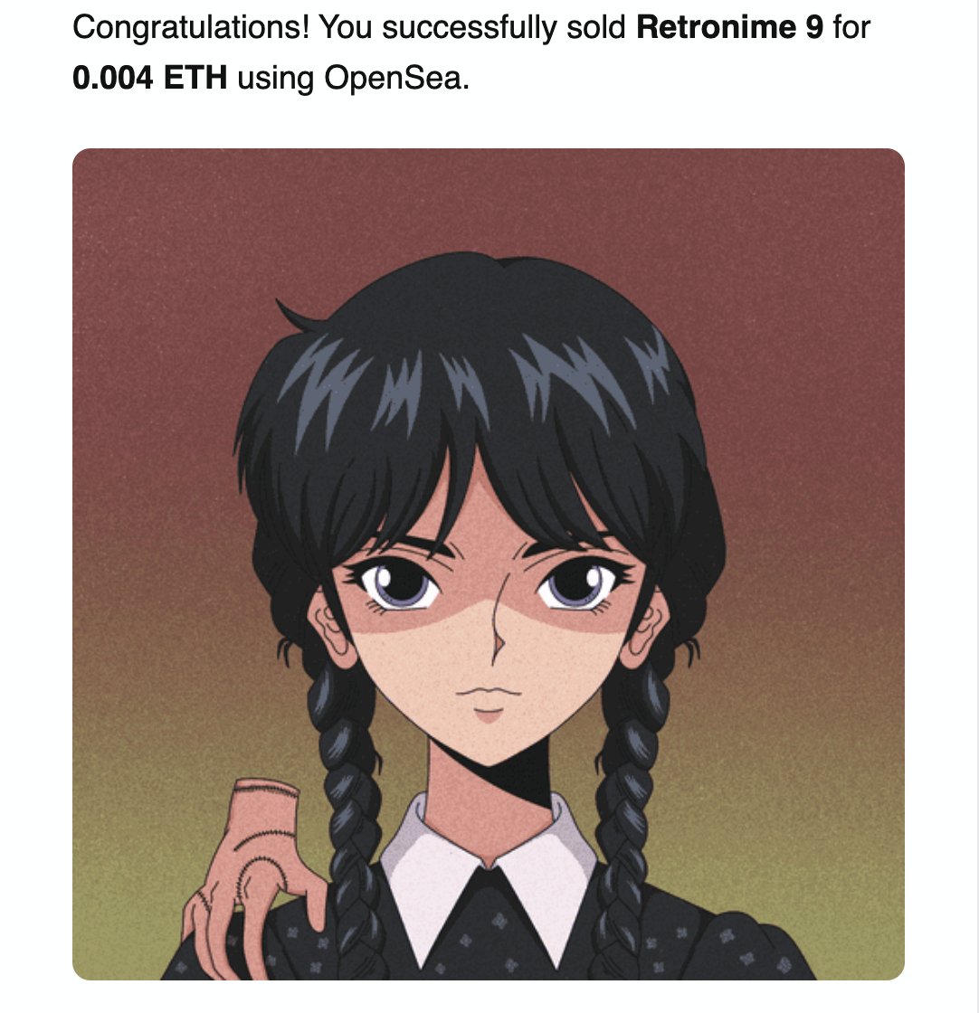 🌸 Retronime Sold 🌸
OMG! Beautiful Wednesday have been sold 😍

Thank you so much my dear <a href="/MoonArtist__/">MoonArtist 👺, 🧢👑</a>  for collecting Wednesday 🫶🩷🙏

Thank you for your support, you are awesome bebs 🫶🥰🩷

opensea.io/assets/matic/0…