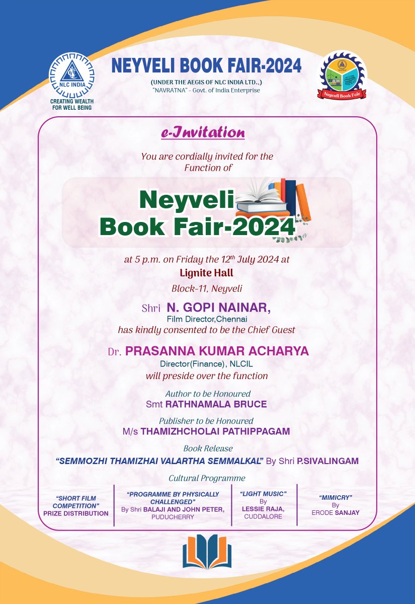 nlcindialimited's tweet photo. Quench your Thirst for Knowledge with the "Second Largest Book Fair of Tamil Nadu" at Neyveli from 05.07.2024 to 14.07.2024.
#NLCIL #NLCILForTheSociety #NeyveliBookFair2024 #SecondLargestBookFairOfTN
@kishanreddybjp | @satishdubeyy | @CoalMinistry https://t.co/SQQn17IyY9