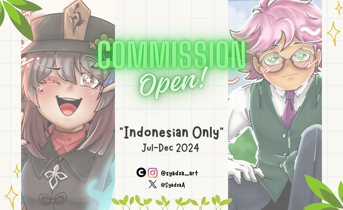 SyadzaA's tweet photo. ✨🌱COMMISSION ART‼️🌱✨

DIBUKA LAGI JULI SAMPAI DESEMBER 2024 :D😁✨🌱🙌
.....

Bagi yang berminat untuk membeli bisa DM/chat saya 😁
#Commission #commissionopen #commissionart #artcommissions #indonesia #art https://t.co/eCTXnuEbob