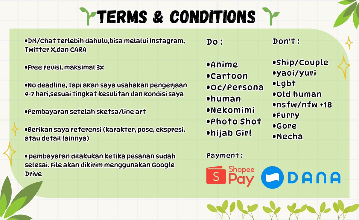 SyadzaA's tweet photo. ✨🌱COMMISSION ART‼️🌱✨

DIBUKA LAGI JULI SAMPAI DESEMBER 2024 :D😁✨🌱🙌
.....

Bagi yang berminat untuk membeli bisa DM/chat saya 😁
#Commission #commissionopen #commissionart #artcommissions #indonesia #art https://t.co/eCTXnuEbob