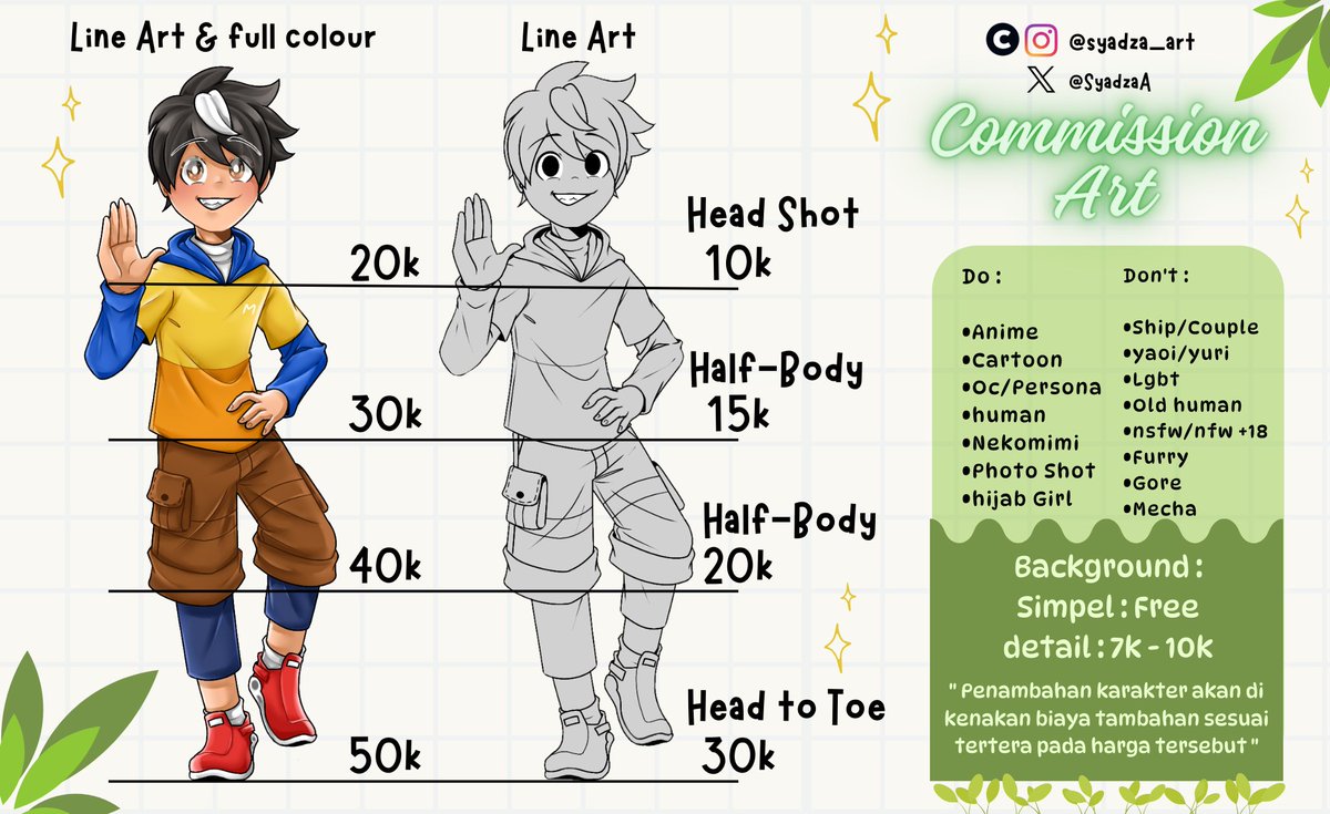 SyadzaA's tweet photo. ✨🌱COMMISSION ART‼️🌱✨

DIBUKA LAGI JULI SAMPAI DESEMBER 2024 :D😁✨🌱🙌
.....

Bagi yang berminat untuk membeli bisa DM/chat saya 😁
#Commission #commissionopen #commissionart #artcommissions #indonesia #art https://t.co/eCTXnuEbob