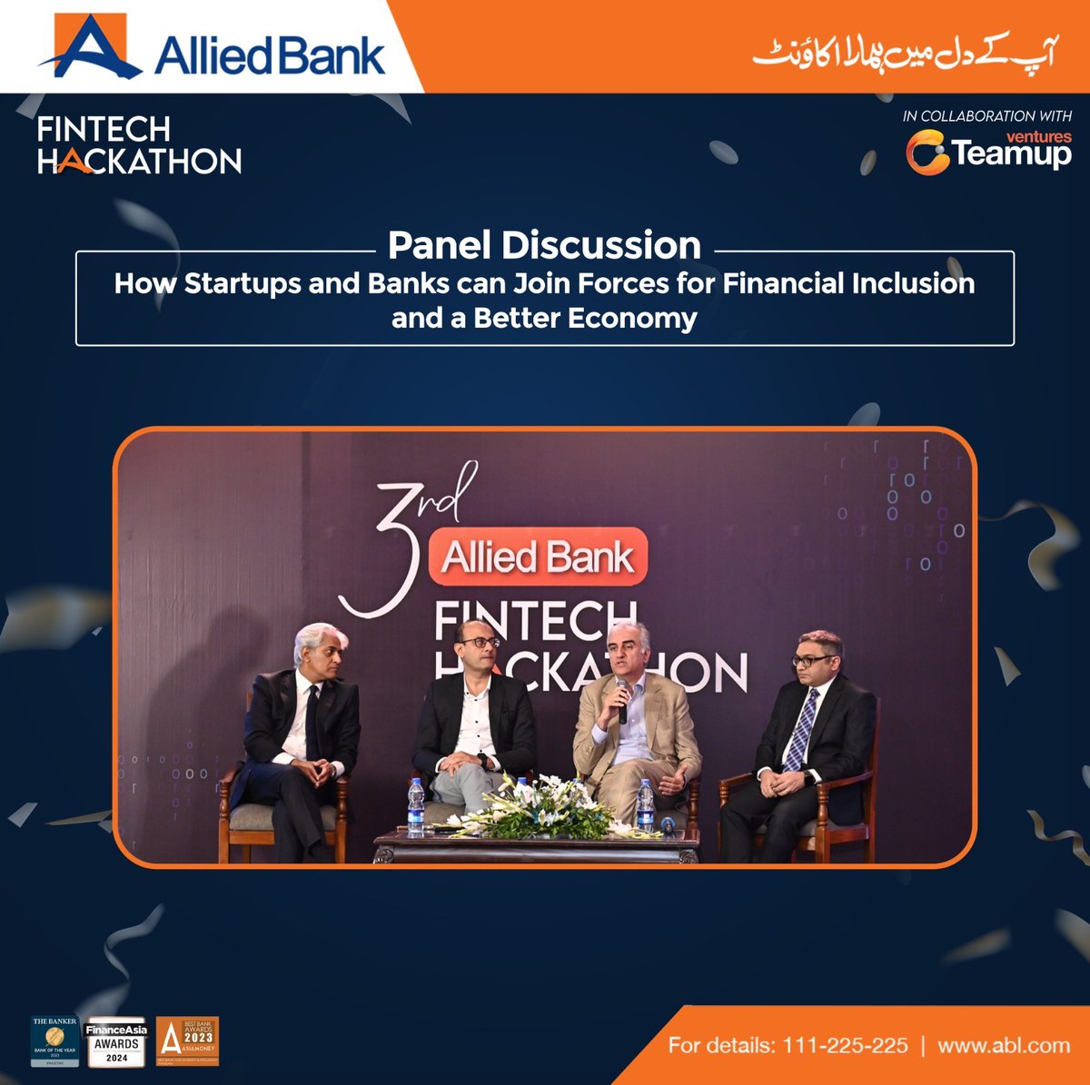 ABLpk's tweet photo. Our prestige panel having a dialogue at 3rd Allied Bank Hackathon, regarding how startups and banks can work together to achieve success and ultimately fulfil their role towards better economy of the country.
#FintechHackathon24 #ABL #FinancialInclusion #PanelDiscussion https://t.co/HHIqzfNJP9