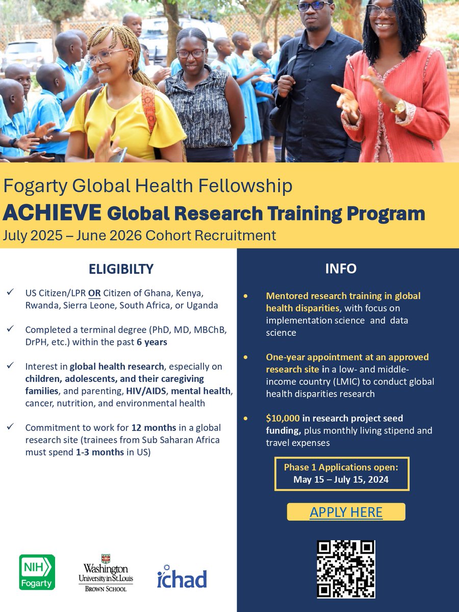 Thrilling news! 🎉ACHIEVE Phase 1 applications for the 2025-26 cycle are now open! 🎉 Deadline: July 15. Aimed at MDs and PhDs from underrepresented groups, ACHIEVE focuses on D&amp;I and data science to tackle global health disparities. More info and apply: sites.wustl.edu/achieve/