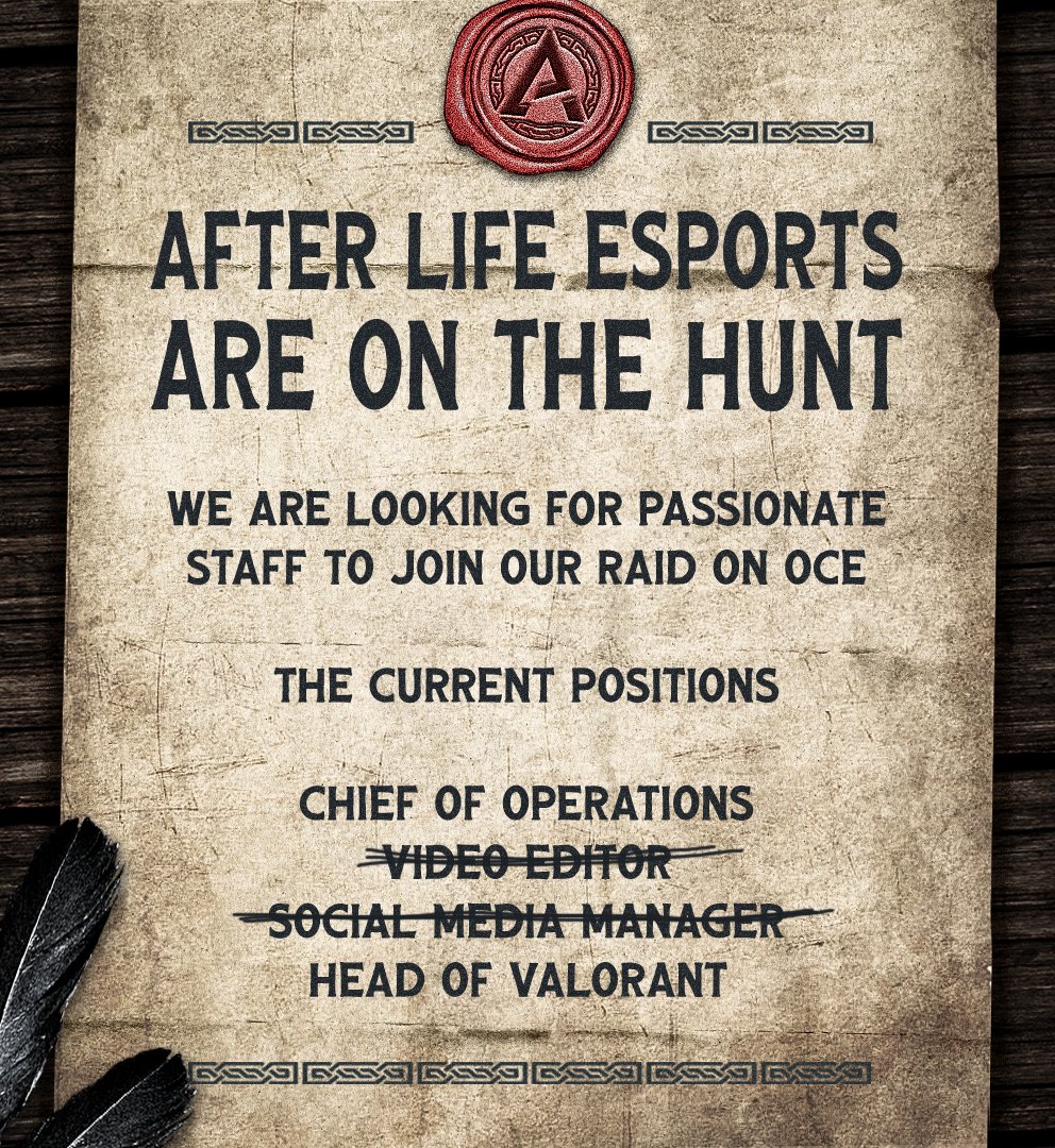 AfterLifeOCE's tweet photo. 🔍We are still searching 🔎
Ever wanted a slice of an Esports org?⚔️
Are you bound for greatness? 👑
Reach out for the COO position💪
Have you ever wanted your very own god Tier Valorant roster. 🌩️
Contact VIA discord - ale_grapples
or shoot a message on X
#FORODIN | #StayTrue