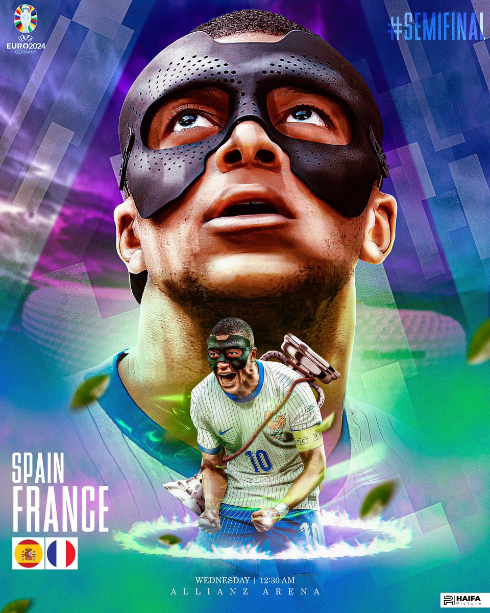 HaifaPicture's tweet photo. France 🇫🇷 and Spain 🇪🇸 clash in a thrilling Euro semi-final showdown.

#mbappe #nike #france #realmadrid #feeddesignrepost #sportedit #graphicdesign #paris #euro https://t.co/GxxxCPYzoE