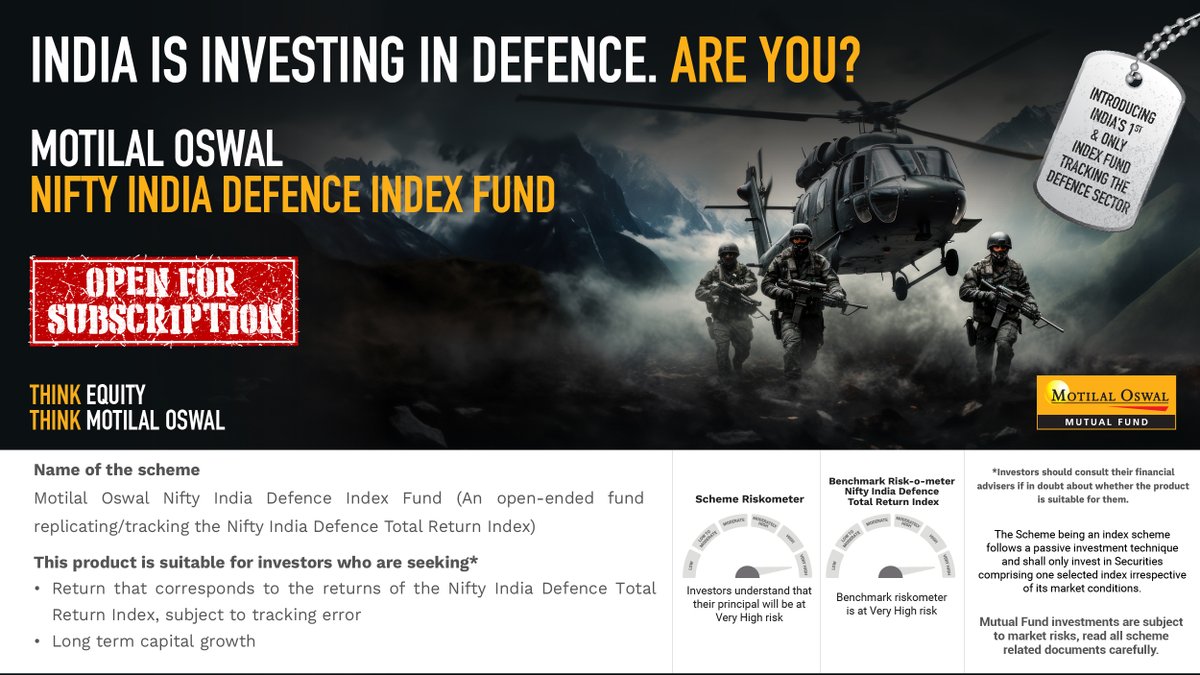 MotilalOswalAMC's tweet photo. Motilal Oswal Nifty India Defence Index Fund is now open for subscription.
Invest now: https://t.co/qY0m79F3W8
#defence #defenceindustry #indiandefence #armedforces #MotillalOswalNiftyIndiaDefence #indexfunds #defencefund https://t.co/FNnCqfjWR1
