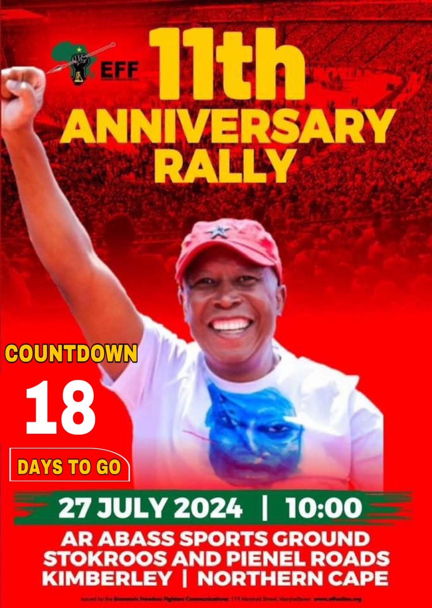 effnorthercape's tweet photo. ♦️Counting Down Continues♦️

We are 18 days away from the EFF 11th Anniversary Rally which will be held on the 27th of July 2024 at AR Abass Sports Ground, Kimberley in the Northern Cape. 

#EFF11thAnniversaryCelebration
#EFFTurns11 https://t.co/rE4mqTd0H3
