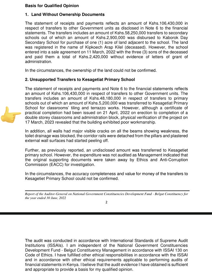 mainandegwa232's tweet photo. In FY 2021/2022, Nelson Koech used Ksh 8.7M to buy land for primary schools in Belgut &amp; renovate them.However on verification, no land titles were found &amp; the renovations were poor.

Auditor General https://t.co/KQV18Bv3t6