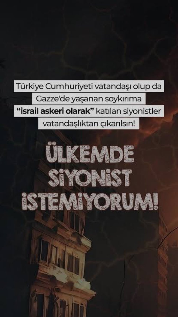 Tüm Siyasi Partilere,tüm STK'lara ve tüm vatandaşlara çağrımdır. 
1. Siyonizm ve İsrail propagandası suç kapsamına alınmalıdır. 
2. Çifte pasaportlu olan İsrail işgal ordusunda soykırım suçu işleyenler yargılanmalıdır.