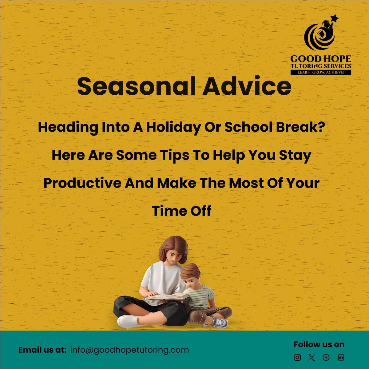 GoodHopeTutors's tweet photo. 🌟 Seasonal Advice 🌟
Heading into a holiday or school break? Here are some tips to help you stay productive and make the most of your time off.
#SeasonalAdvice #HolidayBreak #Productivity #TimeManagement #Relaxation #StayActive #LearnNewThings #FamilyTime #Balance https://t.co/0aNCi4lPyo