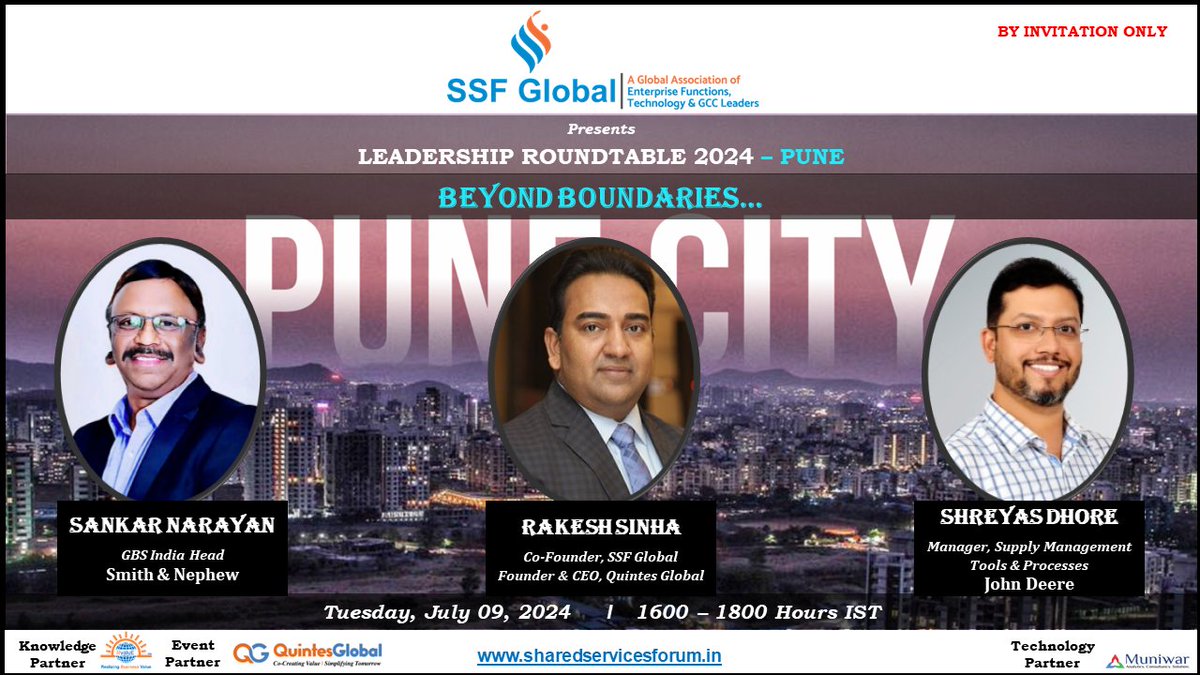 SSF_Global's tweet photo. #SSFGlobal present Leadership RoundTable - Pune on the topic "Beyond Boundaries....." with Sankar Narayan S, Shreyas Dhore and Rakesh Sinha  This is a "By Invitation Only" event of 2-hours  from 4 to 6 pm TODAY at Viman Nagar.
To know more write to events@sharedservicesforum.in https://t.co/KqMCMwGY88