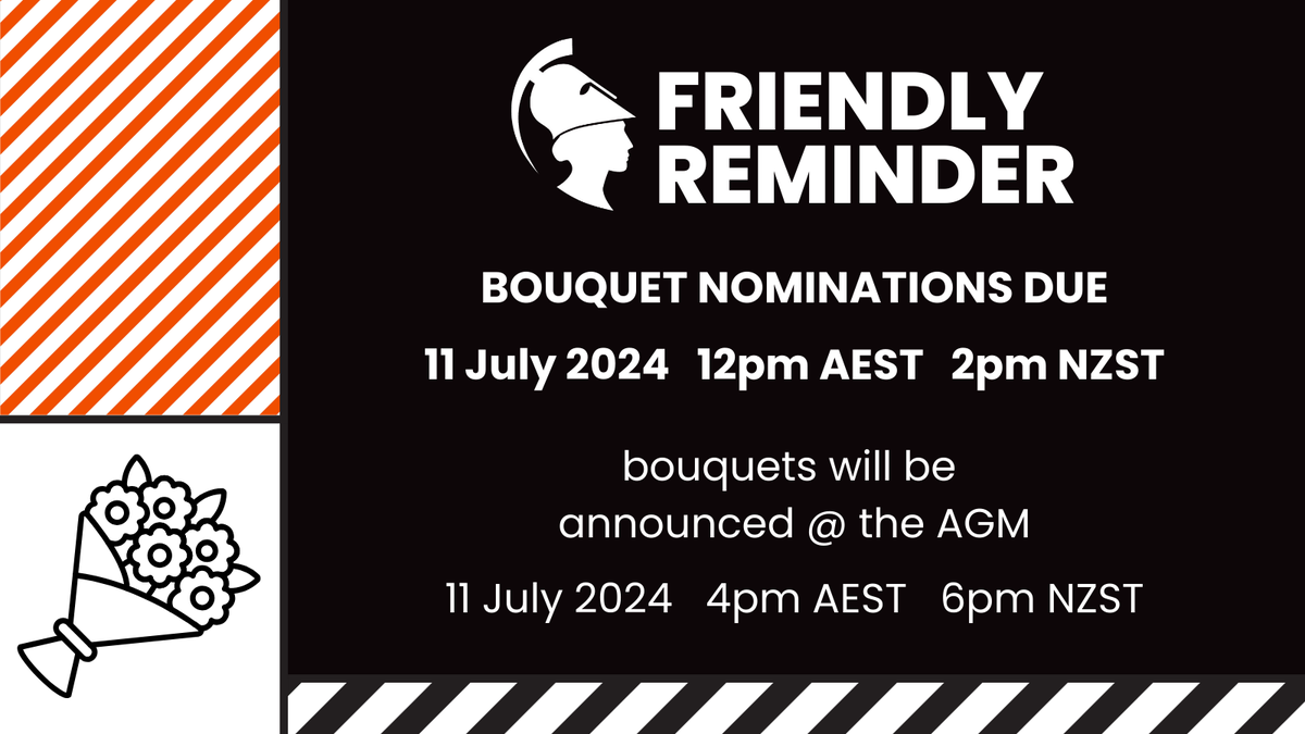 Australasian Women in Ancient World Studies (@womenancient) on Twitter photo Have you made a virtual bouquet nomination yet?
Celebrate any achievements from the last 12 months, big or small, by emailing socawaws@gmail.com. Self-nominations are welcome too!
Send yours in by 11 July @ 12pm AEST / 2pm NZST.
Bouquets will be announced @ the AGM that day! Have you made a virtual bouquet nomination yet?
Celebrate any achievements from the last 12 months, big or small, by emailing socawaws@gmail.com. Self-nominations are welcome too!
Send yours in by 11 July @ 12pm AEST / 2pm NZST.
Bouquets will be announced @ the AGM that day!