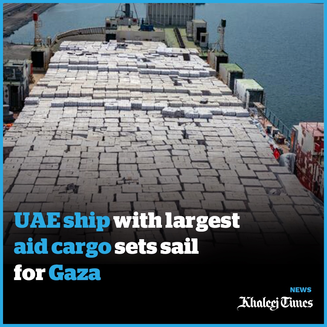 khaleejtimes's tweet image. The #UAE has dispatched its largest aid #shipment yet to #Gaza, as part of Operation Gallant Knight 3. 

The ship, which departed today, July 8, carries a total cargo of 5,340 tons — the biggest delivery in this ongoing #humanitarian operation. This includes 4,750 tons of food