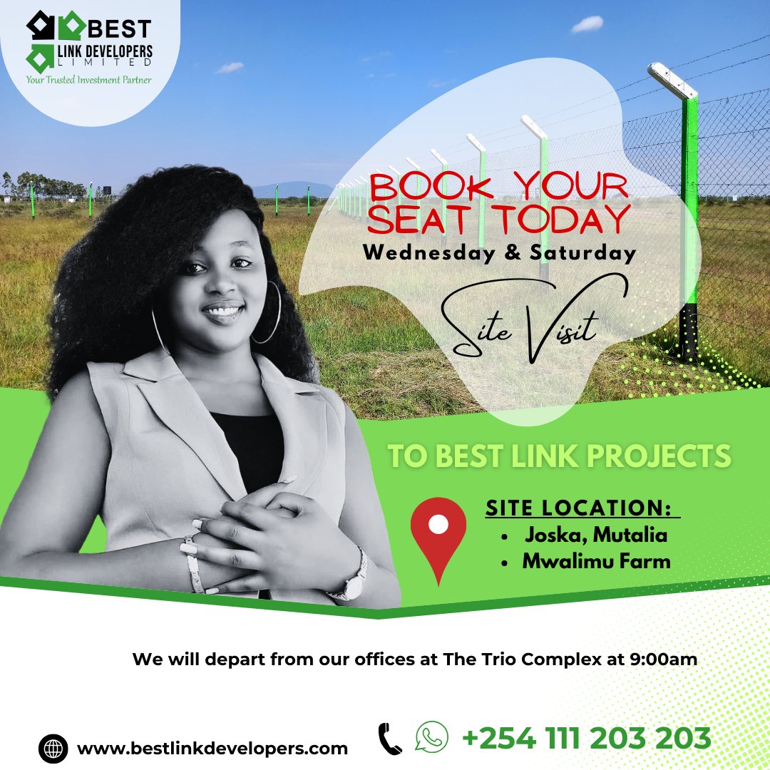 DevelopersBest's tweet photo. Wadau, ni ile siku! Yaku andamana twende site, have you booked you seat for our wednesday or Saturday Site visit?
Your land ownership dream starts with making this call or whatsApp +254 111 203 203

📷https://t.co/LzEv4YG8pv

#BLDplots #LandInvestment #MwalimuFarm KPLC https://t.co/G8fzbTtTed