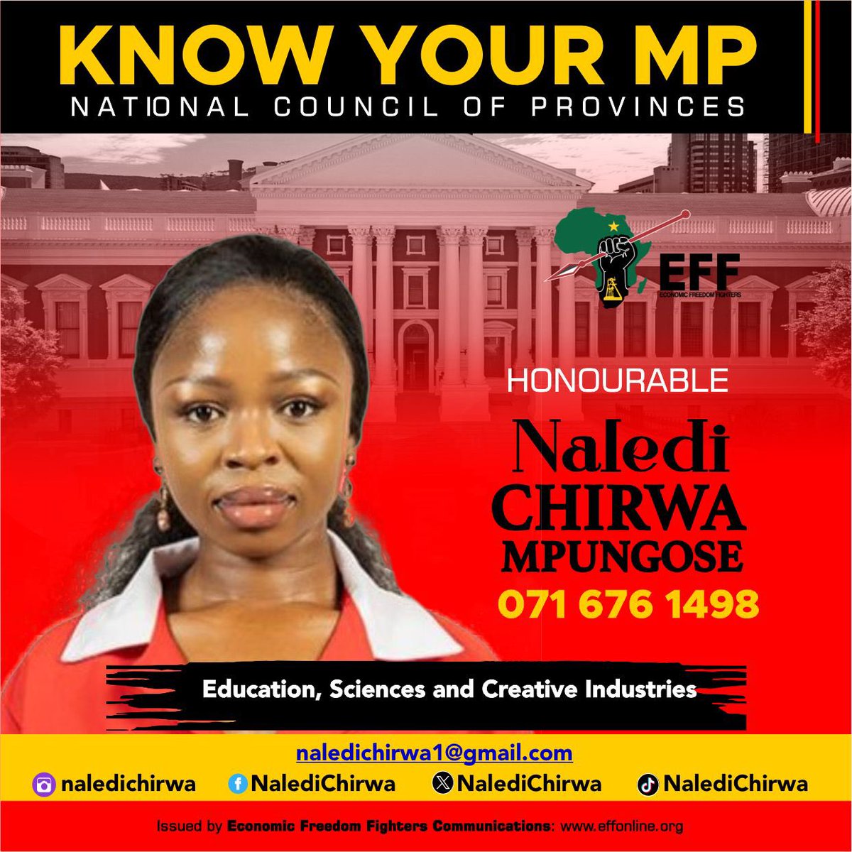 EFFSouthAfrica's tweet photo. ♦️Know Your EFF MPs♦️

The EFF has confidence in the individual and collective capacity of the commissars and fighters to add maximum value in holding the executive accountable, fighting for service delivery, and the transfer of wealth to the majority of the people who continue to suffer economic exclusion.

Follow Your EFF MPs here:

 @NalediChirwa 
@Babsi661 
@VirgillGericke1 

#EFFInParliament