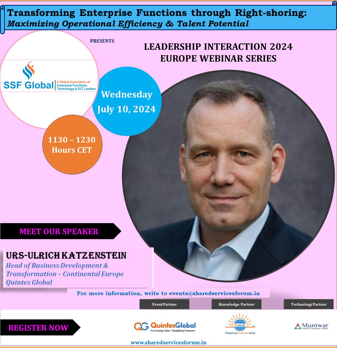 SSF_Global's tweet photo. #SSFGlobal Warmly Welcomes Urs-Ulrich Katzenstein, Head of Business Development &amp; Transformation – Continental Europe at Quintes Global to the LEADERSHIP INTERACTION 2024 – EUROPE WEBINAR SERIES scheduled July 10, 2024 1130-1230 Hrs CET
To #Register: https://t.co/2h0h3mAb5o https://t.co/jWAouaLJHv