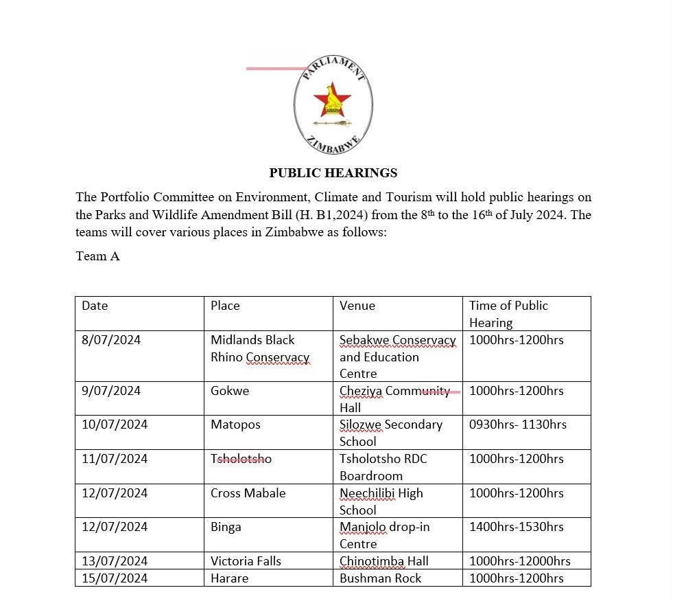 JoanaMamombe's tweet photo. Let's continue to #EngageInWildlife, please attend public hearings being held by the Portfolio Committee on Environment, Climate, and Tourism on the Parks and Wildlife Amendment Bill (H. B1, 2024).  
These hearings continue today to the 16th of July 2024.
@diana_harawa https://t.co/Ilrj1cHFr4