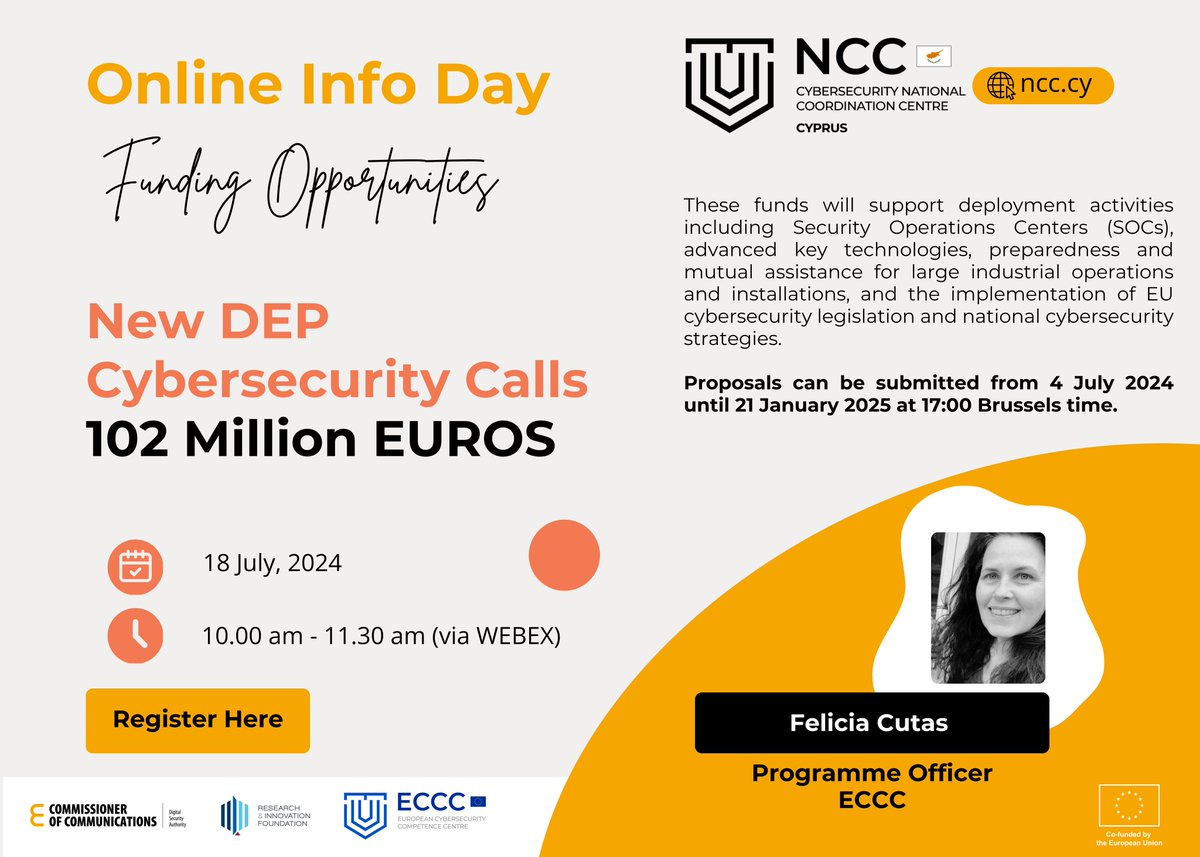 The Cyprus National Coordination Centre for Cybersecurity (NCC-CY), in collaboration with the European Cybersecurity Competence Center (ECCC)- <a href="/Cybersec_ECCC/">European Cybersecurity Competence Centre</a>, is organizing an online Info Day on July 18, 2024 to present the New DEP Cybersecurity calls.
 
Participants will have