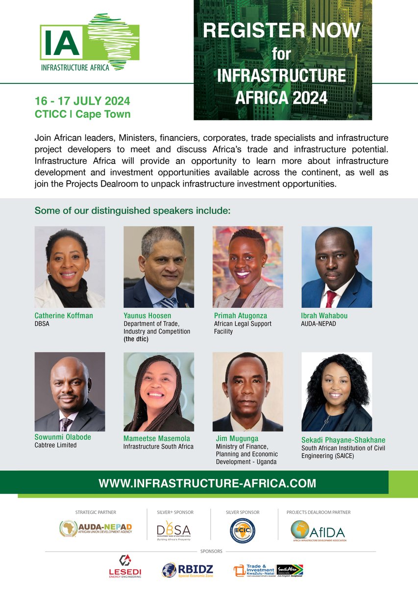 We are excited to announce a distinguished line-up of speakers who will share their insights and expertise on the development of Africa’s infrastructure.

Register to attend the conference:infrastructure-africa.com/register/  and be part of the discussions.

#InfrastructureAfrica
