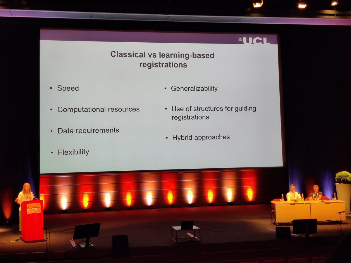 Rise and shine! 
Jamie McClelland starts the 2nd #ICCR2024 day with a thought-provoking lecture: is learning based image registration really the future?

Key points: 
- Anchor your work on real applications
- what do you want the reg to do? from this we improve algorithms/metrics