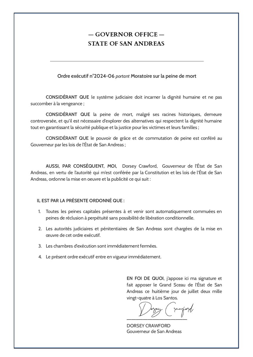 GouvernementSA's tweet photo. Comme annoncé hier lors de l'investiture, plusieurs OE ont été publiés dans le code exécutif :

- Instauration d'un moratoire sur la peine de mort.
- Création la médaille du Castor d'Or.
- Protection des littoraux et les îles de San Andreas.

D'autres vont suivre https://t.co/JErlRcIvPF