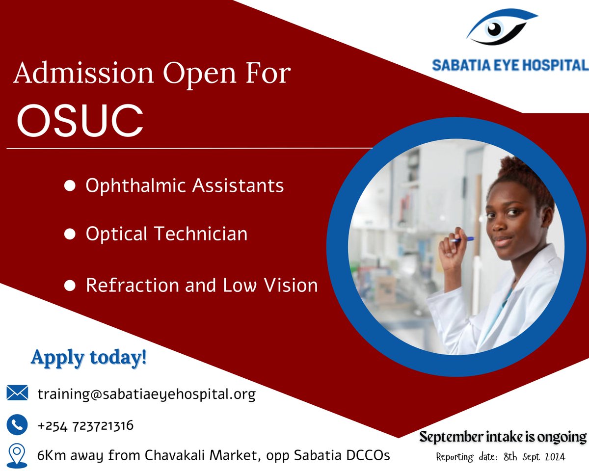 SabatiaEye's tweet photo. Elevate your eye health expertise with OSUC's cutting-edge curriculum. Immerse in Sabatia Eye Hospital's renowned knowledge and unlock boundless career possibilities. #EyeCare #ProfessionalDevelopment #HealthcareFuture IEBC Alshabaab Sifuna Nyoro https://t.co/XvRDTdV8Y4