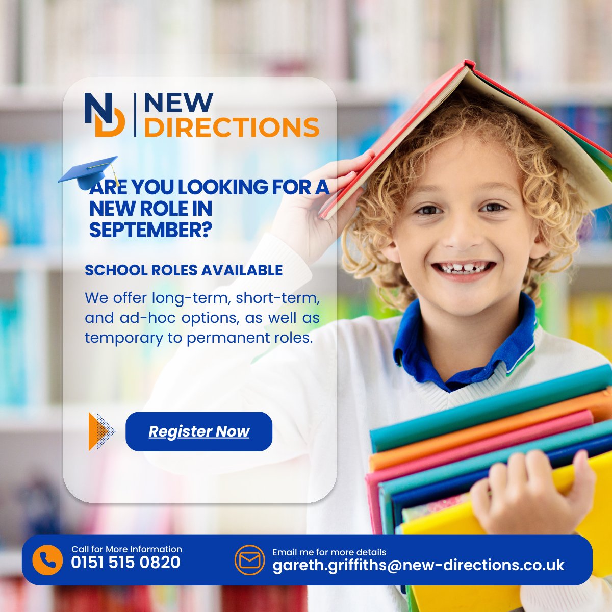 NDEGareth's tweet photo. Do you have experience in a school?
Get registered with New Directions today for our exciting opportunities starting in September!

We're looking for passionate individuals who want to make a difference and help children thrive. 
Get in touch https://t.co/gJhYNSTofS