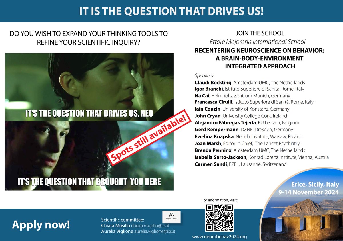 igor branchi, moving to @igorbranchi.bsky.social (@igorbranchi) on Twitter photo SPOTS STILL AVAILABLE! Apply now!
Join the School: RECENTERING NEUROSCIENCE ON BEHAVIOR: A BRAIN-BODY-ENVIRONMENT INTEGRATED APPROACH
Erice, Italy Nov 9-14, 2024
Info & registration: neurobehav2024.org
<a href="/EBBS_Science/">EBBStweets</a> #Neuroscience #MentalHealth #Complexity SPOTS STILL AVAILABLE! Apply now!
Join the School: RECENTERING NEUROSCIENCE ON BEHAVIOR: A BRAIN-BODY-ENVIRONMENT INTEGRATED APPROACH
Erice, Italy Nov 9-14, 2024
Info & registration: neurobehav2024.org
<a href="/EBBS_Science/">EBBStweets</a> #Neuroscience #MentalHealth #Complexity