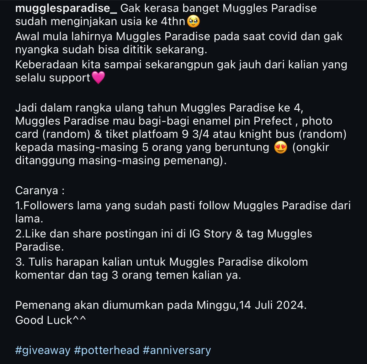 voxwwzone's tweet photo. Holaaa,

Yuk Potterheads mampir di IG Muggles Paradise, lagi ngadain giveaway dalam rangka ultah yang ke 4thn loh💃🏻

Goodluck^^

#Potterheads #GiveawayAlerts #HarryPotter https://t.co/PXUWRqnxqX