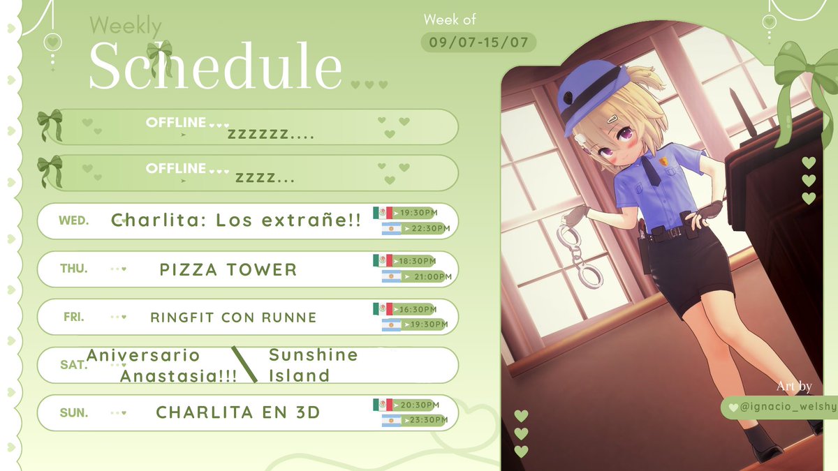SCHEDULE / HORARIO    
【09/07 - 15/07】  

Mi Soldadito se volvió un recluso~ 💢⛓
sujeto a cambios !!!

General: #SylvieRuru
Arte: #Rutelier
Arte +18: #Sylviuoh
Memes: #Ruruhahas
Fan Name: Soldados
Oshi Mark: 🪖🎀