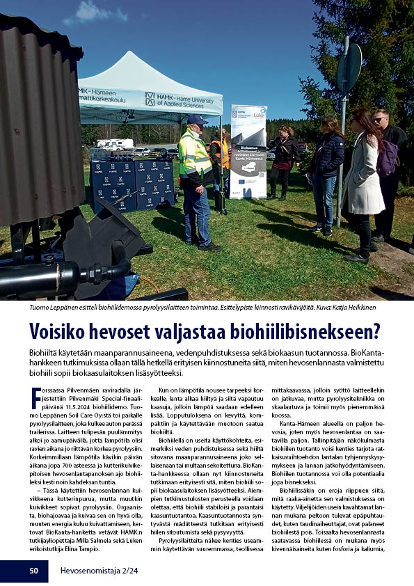 elinatampio's tweet photo. Toukokuussa #biokanta hankkeen järjestämästä hevosenlannan biohiilidemosta julkaistiin juttu SHKL:n Hevosenomistaja -lehdessä (2/24). Päivän aikana tuotettua biohiiltä tullaan hyödyntämään hankkeessa biokaasureaktoreiden lisäsyötteenä! @LukeFinland @HamkResearch #eakr https://t.co/OXz4Q95WxJ
